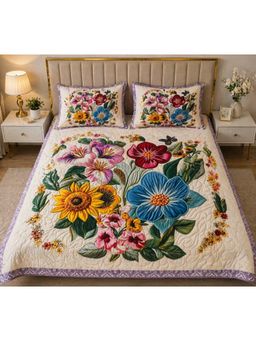 HOSTA HOMES - Beige Soft Fabric 7D Quilted Printed Bedsheet with 2 Pillow Covers (Queen)
