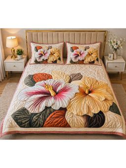 HOSTA HOMES - Beige Soft Fabric 7D Quilted Printed Bedsheet with 2 Pillow Covers (Queen)