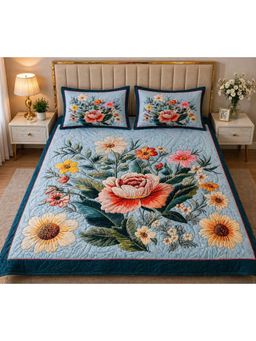 HOSTA HOMES - Blue Soft Fabric 7D Quilted Printed Bedsheet with 2 Pillow Covers (Queen)
