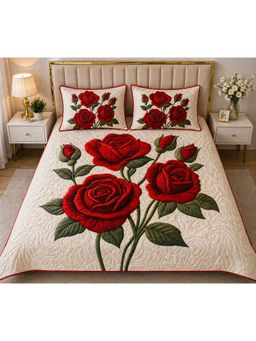 HOSTA HOMES - Beige Soft Fabric 7D Quilted Printed Bedsheet with 2 Pillow Covers (Queen)