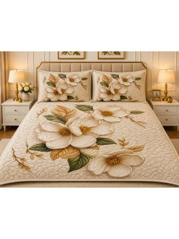 HOSTA HOMES - Beige Soft Fabric 7D Quilted Printed Bedsheet with 2 Pillow Covers (Queen)