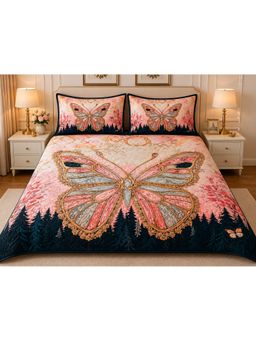 HOSTA HOMES - Pink Soft Fabric 7D Quilted Printed Bedsheet with 2 Pillow Covers (Queen)
