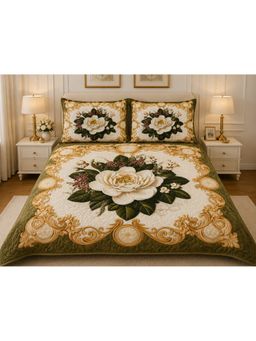 HOSTA HOMES - Beige Soft Fabric 7D Quilted Printed Bedsheet with 2 Pillow Covers (Queen)