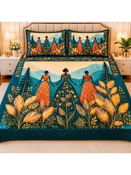 HOSTA HOMES - Navy Blue Soft Fabric 7D Quilted Printed Bedsheet with 2 Pillow Covers (Queen)