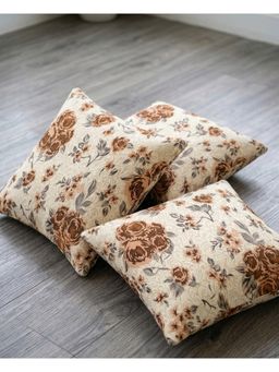 HOSTA HOMES - Beige Jacquard Designed Polyester Based Cushion Covers (Pack of 3) (16 x 16 Inches)
