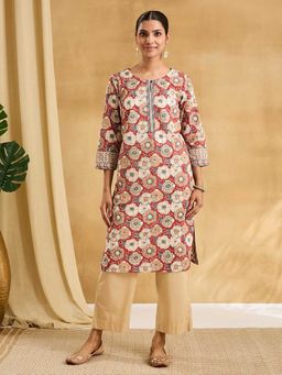 Fabindia - Red Cotton Hand Block Print Knee Length Kurta