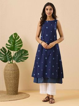 Fabindia - Indigo Cotton Dobby Slim Fit Long Kurta