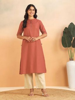 Fabindia - Peach Cotton Hand Embroidered Slim Fit Long Kurta