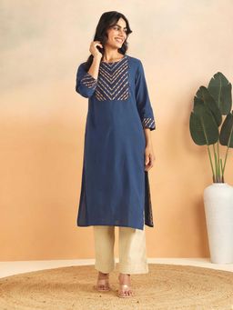 Fabindia - Indigo Cotton Linen Hand Woven Slim Fit Long Kurta