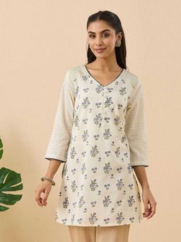 Fabindia - Natural Cotton Hand Block Floral Printed Slim Fit Short Kurti
