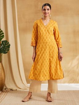 Fabindia - Mustard Cotton Hand Block Printed Slim Fit Long Kurta