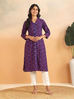 Fabindia - Purple Cotton Ikat Slim Fit Long Kurta