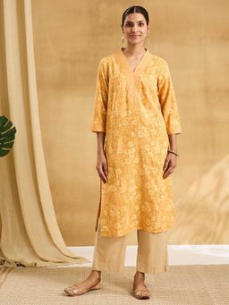 Fabindia - Mustard Cotton Hand Block Print Long Kurta