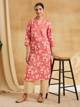 Fabindia - Pink Cotton Floral Hand Block Print Long Kurta