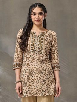 Fabindia - Beige Cotton Bagru Floral Printed Slim Fit Short Kurti