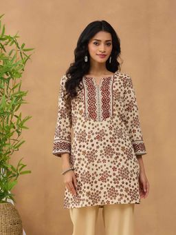 Fabindia - Maroon Cotton Bagru Printed Slim Fit Short Kurti