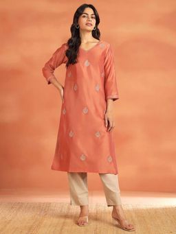 Fabindia - Coral Cotton Silk Embroidered Long Kurta
