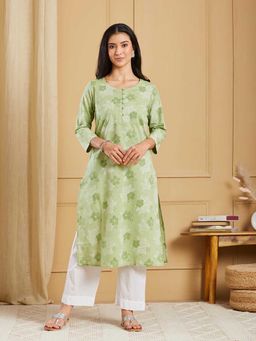 Fabindia - Green Cotton Floral Hand Block Printed Long Kurta