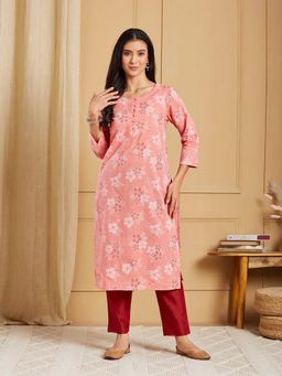 Fabindia - Pink Cotton Floral Hand Block Printed Long Kurta
