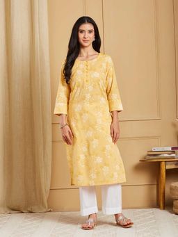 Fabindia - Yellow Cotton Floral Hand Block Printed Long Kurta