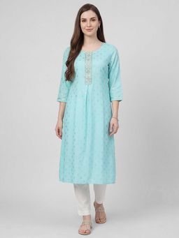 R&B - Randb Turquoise Printed Women Three-Quarter Sleeves Round Neck Kurta