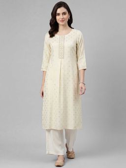 R&B - Randb Cream Printed Women Three-Quarter Sleeves Round Neck Kurta