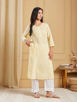 Fabindia - Yellow Cotton Chikankari Long Kurta