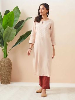 Fabindia - Beige Cotton Chikankari Knee Length Kurta
