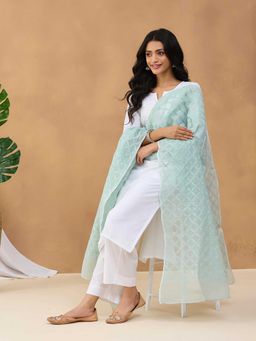 Fabindia - Blue Cotton Silk Chikankari Dupatta