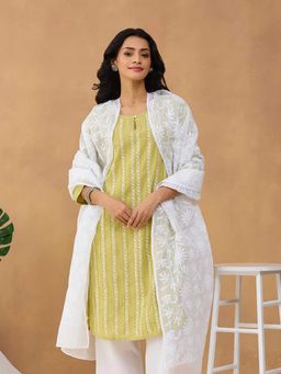 Fabindia - White Cotton Silk Chikankari Dupatta
