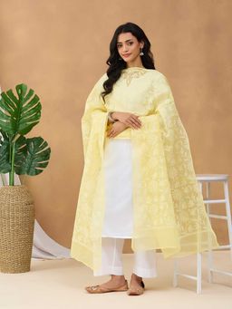 Fabindia - Yellow Cotton Silk Chikankari Dupatta
