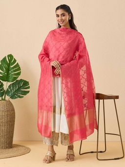 Fabindia - Pink Cotton Silk Blend Chikankari Dupatta