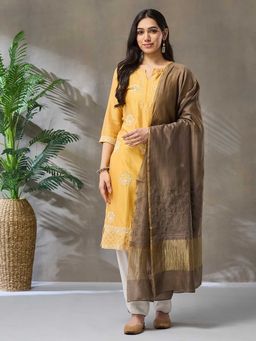 Fabindia - Brown Cotton Silk Blend Chikankari Dupatta