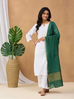 Fabindia - Green Cotton Silk Blend Chikankari Dupatta