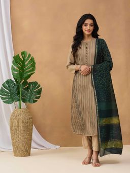 Fabindia - Green Cotton Silk Blend Dabu Printed Dupatta