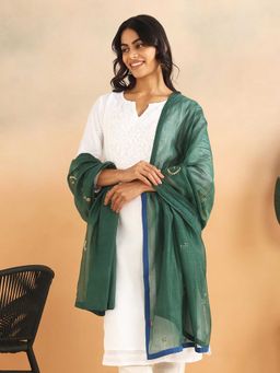 Fabindia - Green Cotton Silk Hand Embroidered Dupatta
