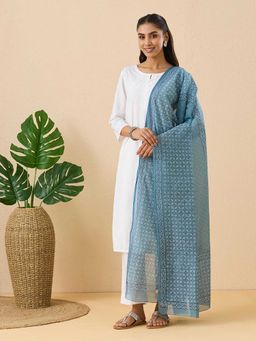 Fabindia - Blue Cotton Silk Hand Block Print Dupatta