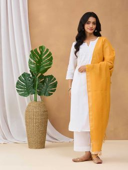 Fabindia - Yellow Cotton Blend Stripe Dupatta