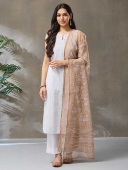 Fabindia - Beige Cotton Silk Hb Floral Dupatta