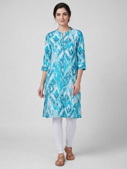 R&B - Randb Turquoise Paisley Printed Women Three-Quarter Sleeves Mandarin Collar Kurta
