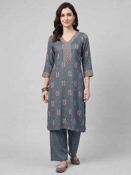 R&B - Randb Grey Printed Women Three-Quarter Sleeves V-Neck Kurta