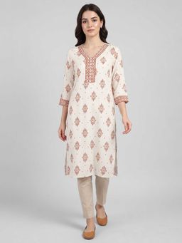 R&B - Randb Off White Printed Women Three-Quarter Sleeves V-Neck Kurta