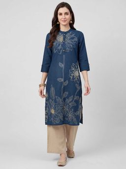R&B - Randb Navy Blue Floral Printed Women Three-Quarter Sleeves Mandarin Collar Kurta