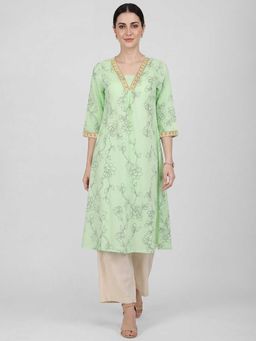 R&B - Randb Green Floral Printed Women Three-Quarter Sleeves V-Neck Kurta