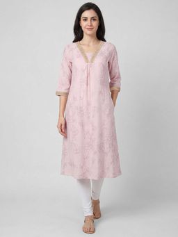 R&B - Randb Pink Floral Printed Women Three-Quarter Sleeves V-Neck Kurta