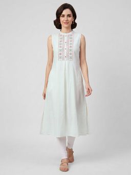 R&B - Randb Off White Embroidered Women Sleeveless Mandarin Collar Kurta