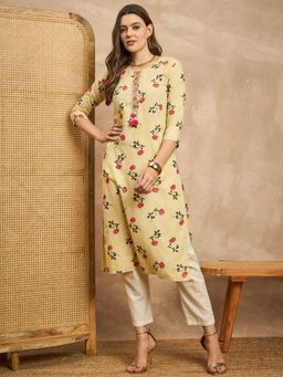 CHETI - Women Floral Printed Hand Embroidered Straight Kurta