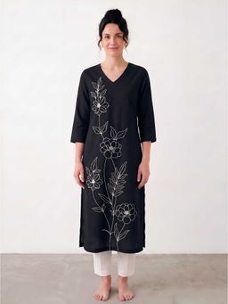 Barara Ethnic - Barara Black Floral Embroidered Cotton Flex Kurta