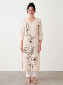 Barara Ethnic - Barara Ivory Floral Embroidered Cotton Flex Kurta