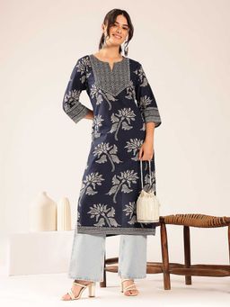Vbuyz - Women'S Navy Blue Floral Straight Cotton Stitched Kurta